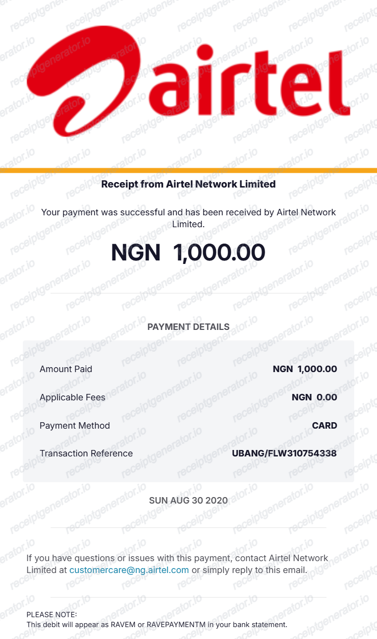 Airtel Nigeria receipt