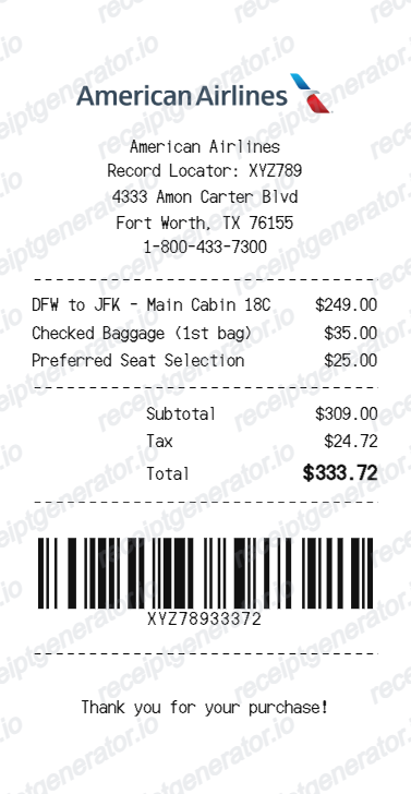 American Airlines Receipt