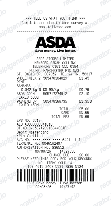 Asda Receipt - Preview of the template design
