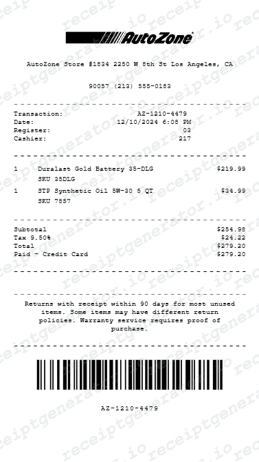 Autozone Receipt - Preview of the template design