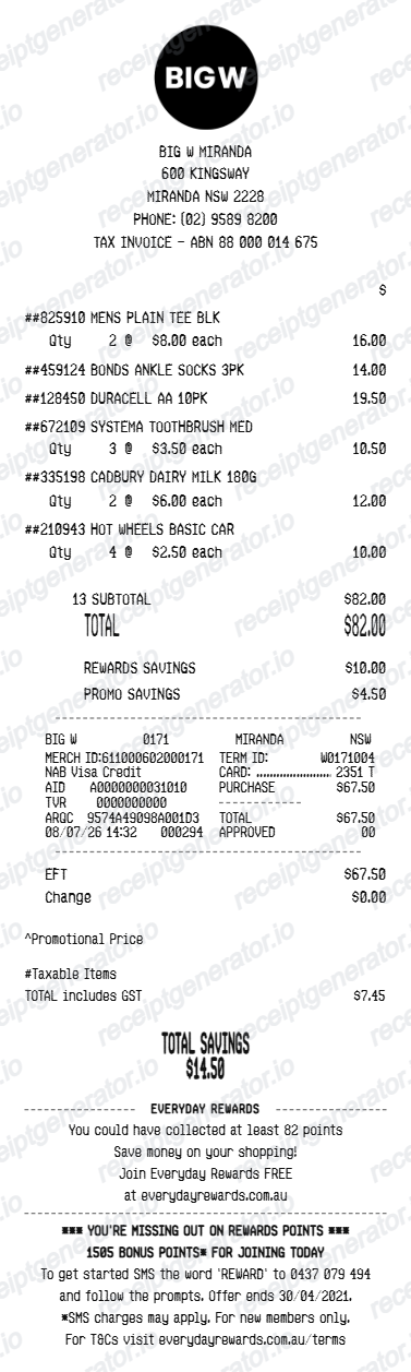 Big W receipt