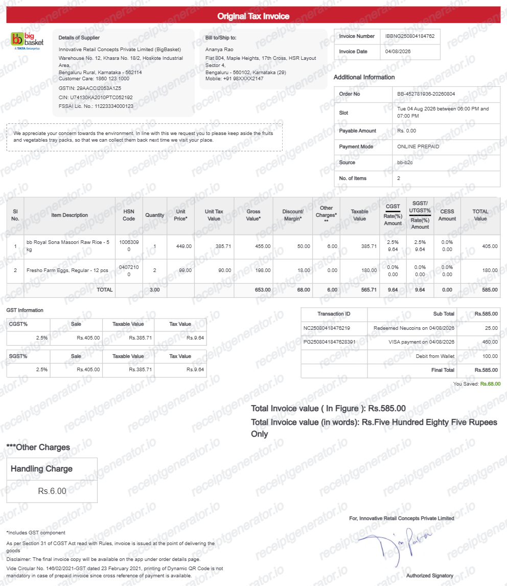 BigBasket Invoice
