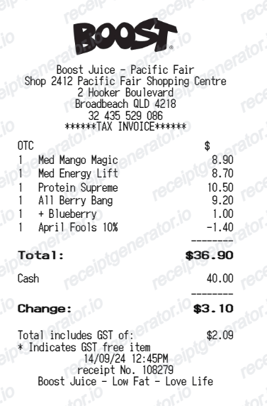 Boost Juice receipt