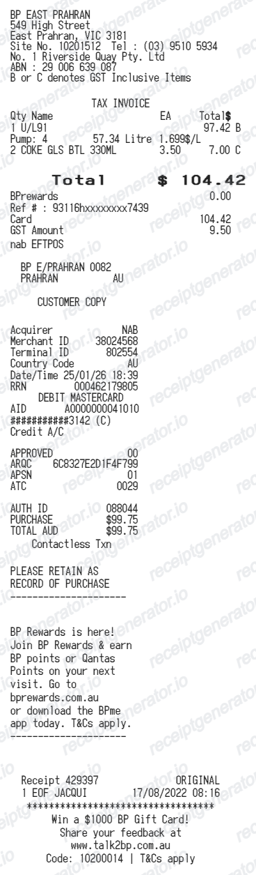 BP East Prahran Receipt Generator preview