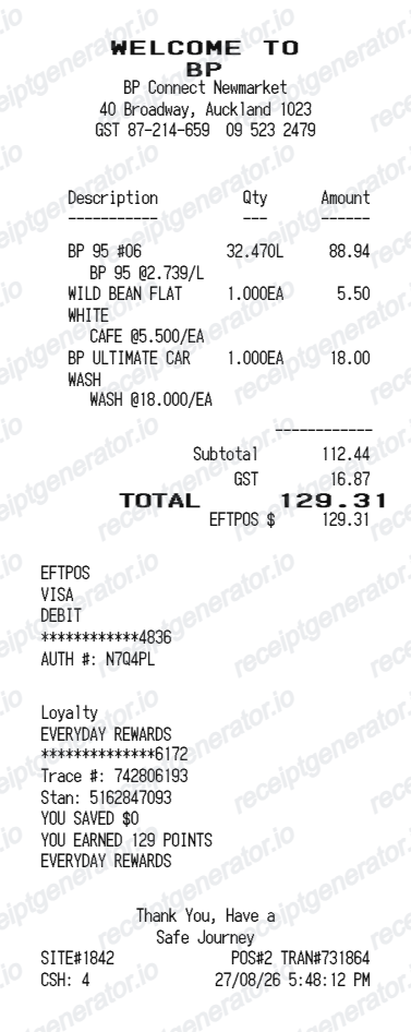 Bp Receipt Nz - Preview of the template design
