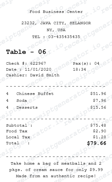 Buffet Receipt - Preview of the template design