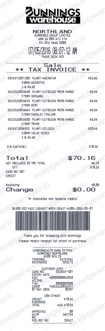 Bunnings Warehouse receipt