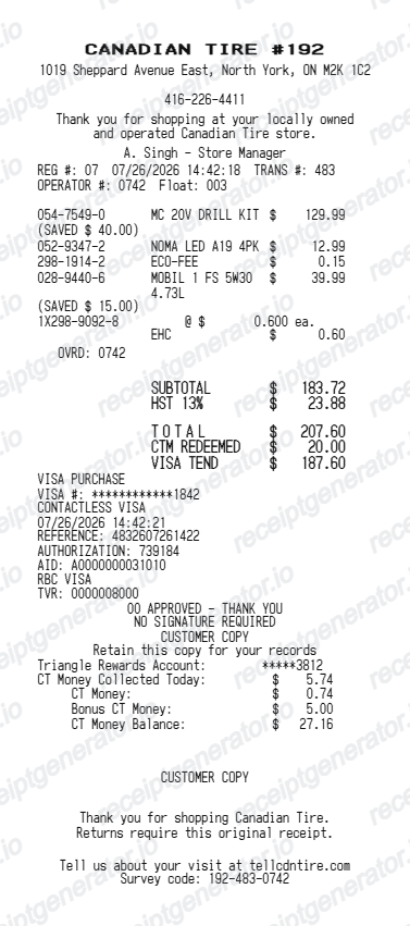 Canadian Tire receipt