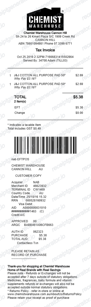 Chemist Warehouse receipt