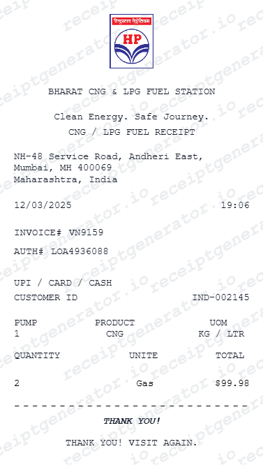 CNG Receipt - Preview of the template design