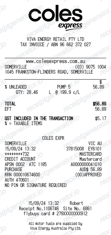 Coles Express receipt