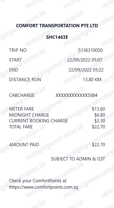 Comfort Cabs Receipt - Preview of the template design