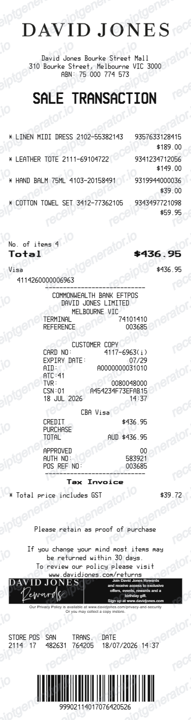 David Jones Receipt - Preview of the template design