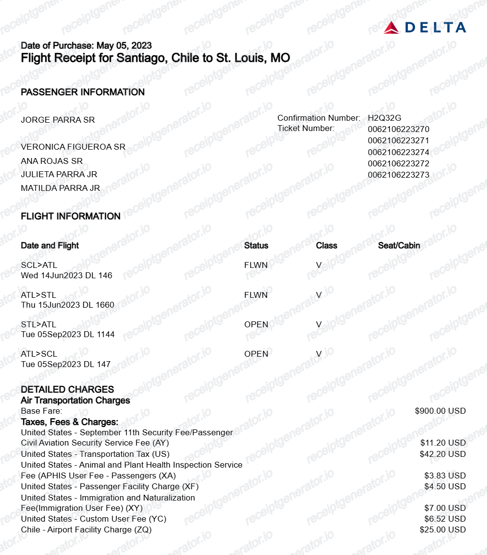 Delta Airlines Receipt