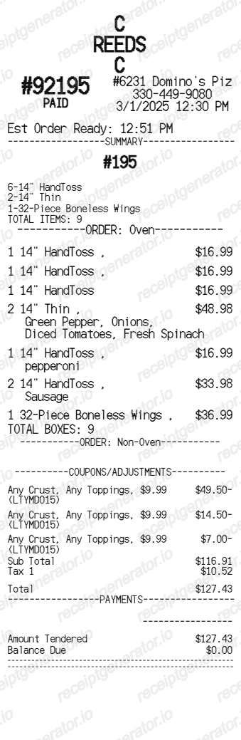 Free Domino's Receipt Generator - Download PDF preview