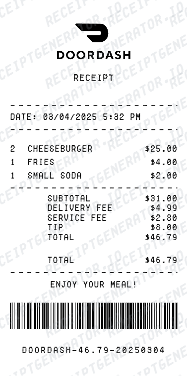 Doordash Receipt - Preview of the template design