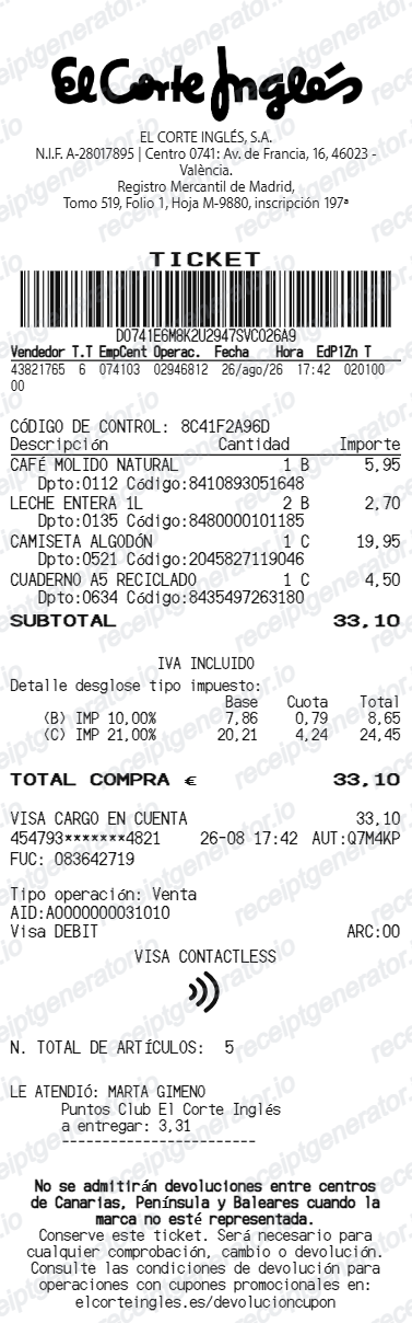 El Corte Ingles Receipt - Preview of the template design