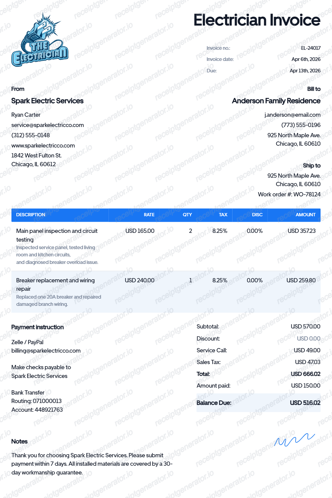 Electrician Invoice vs Receipt