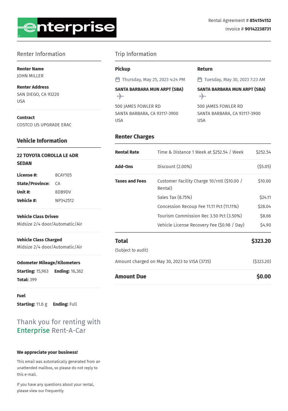 Free Enterprise Car Rental Receipt Generator – Download PDF preview
