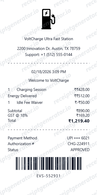Ev Charging Receipt - Preview of the template design