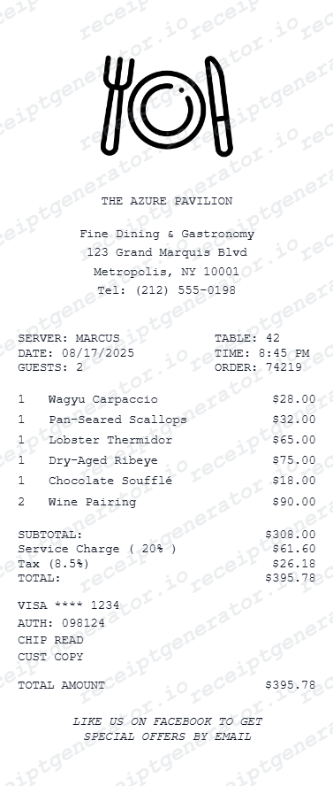 Fine Dining Receipt - Preview of the template design