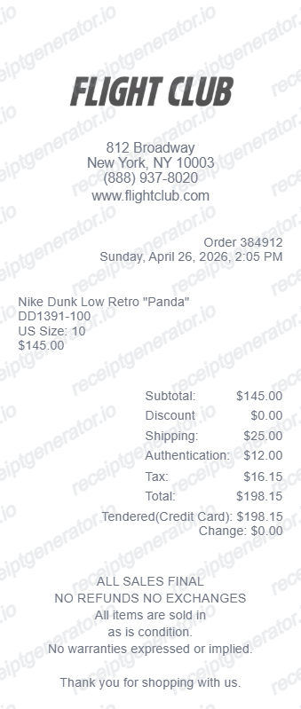 Flight Club Receipt Example preview