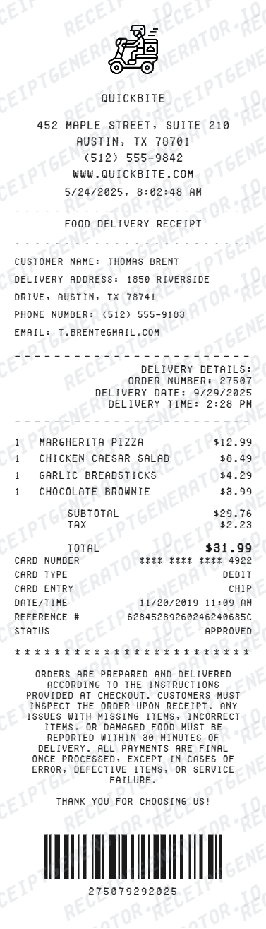 Food Delivery Receipt - Preview of the template design