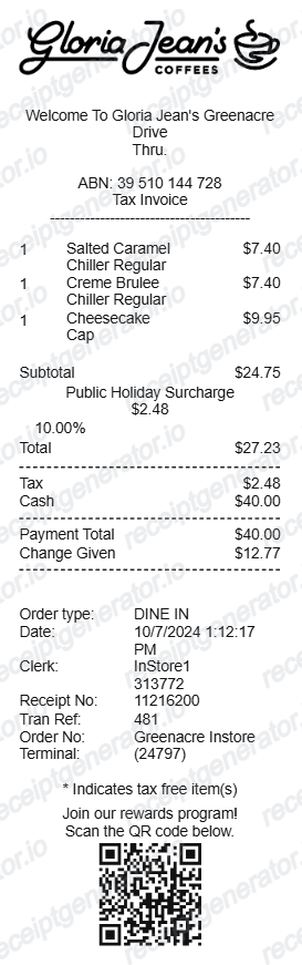 Gloria Jean's receipt