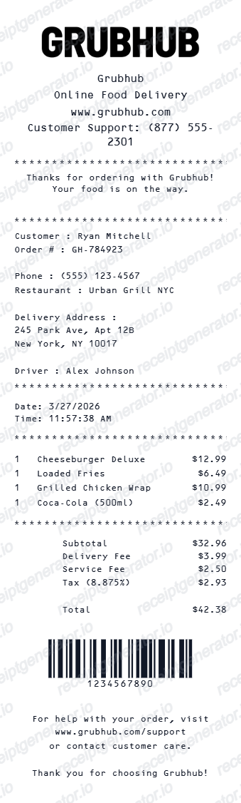 Grubhub Receipt - Preview of the template design