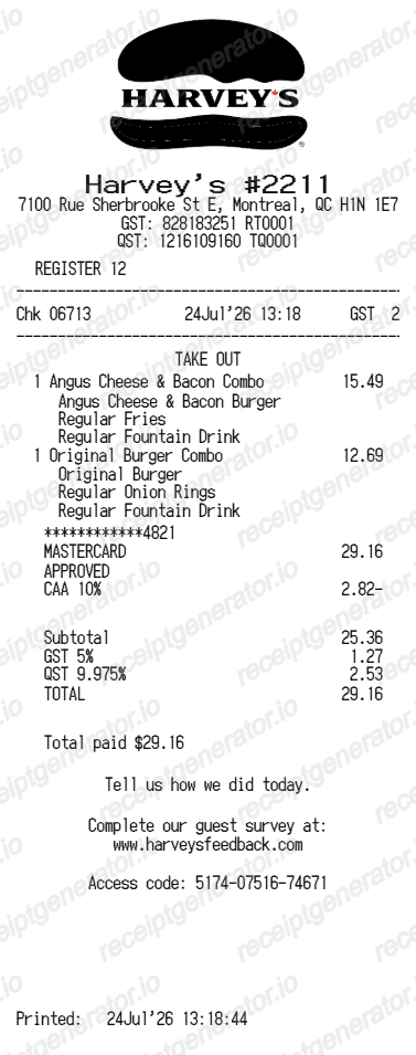 Harvey's receipt