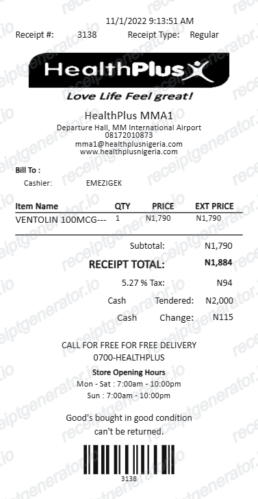 HealthPlus receipt