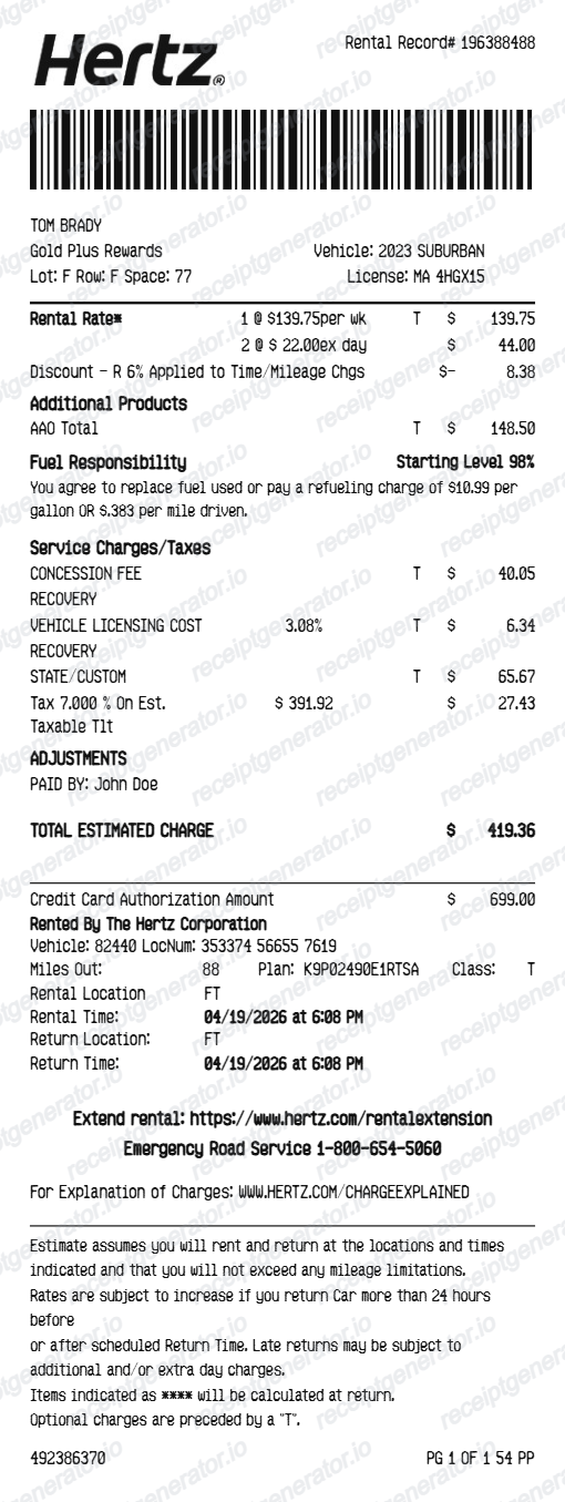 Hertz Receipt