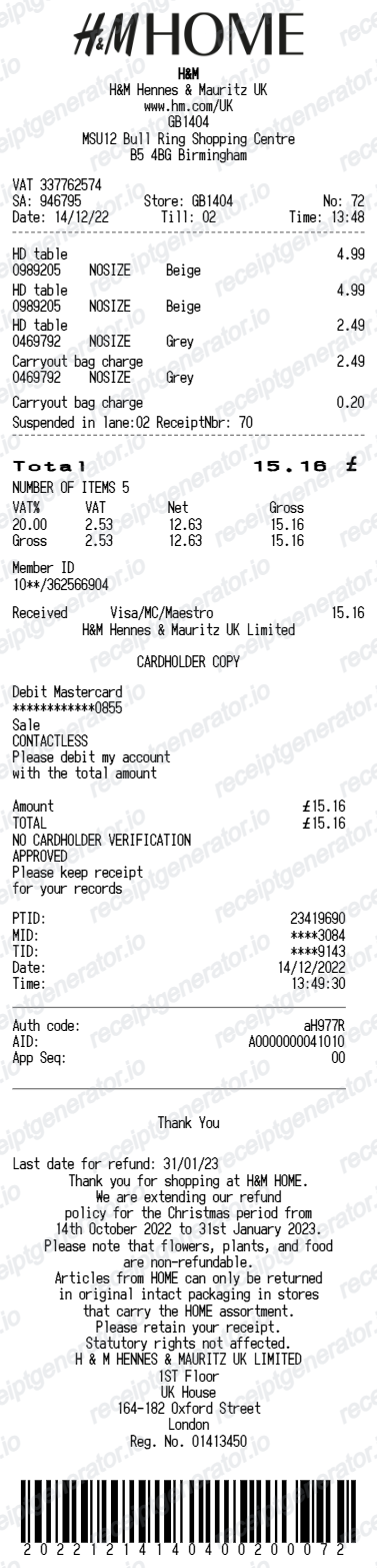 Free H&M Receipt Generator - H&M Purchase Receipt PDF preview