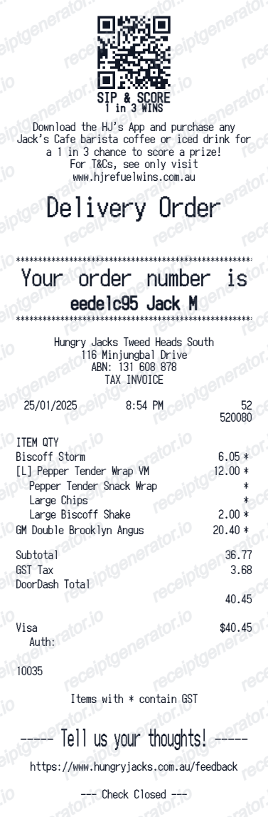 Hungry Jack's receipt