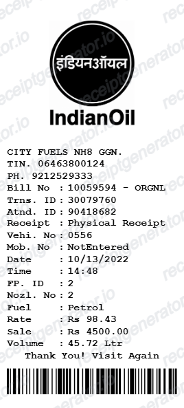 Indian Oil V2 receipt
