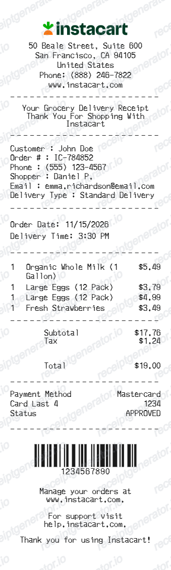 Instacart Receipt - Preview of the template design