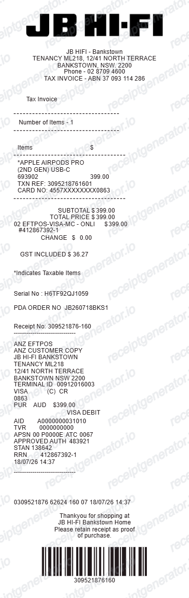 JB Hi-Fi receipt