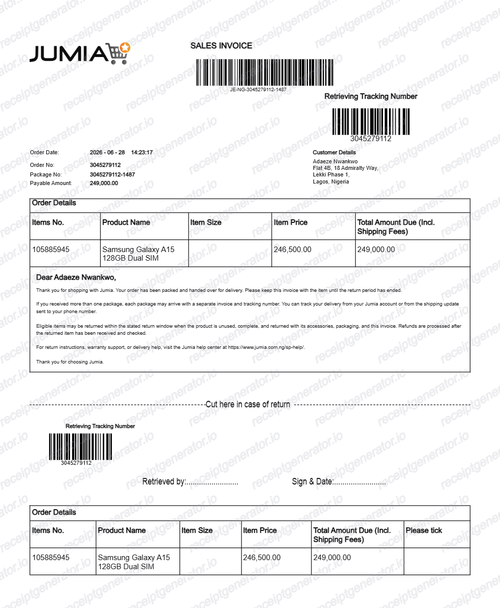 Jumia Invoice receipt