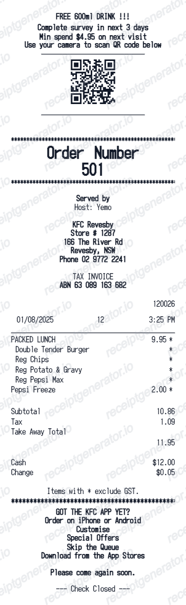 KFC Australia receipt
