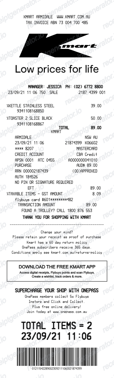 Kmart Australia receipt