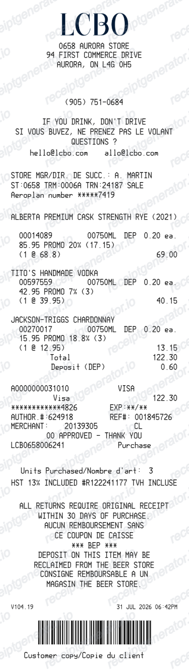 LCBO receipt