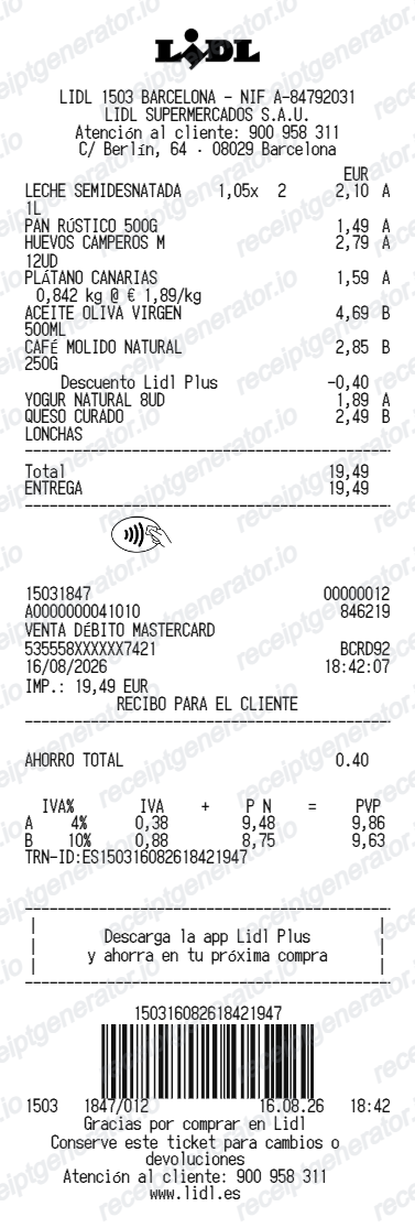 Lidl Spain receipt
