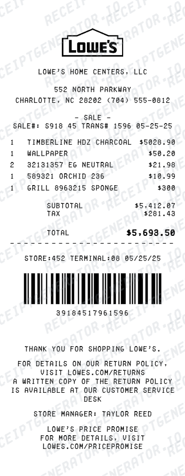 Lowe's Receipt V2 - Preview of the template design