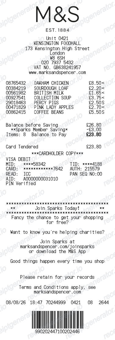 Marks And Spencer Receipt - Preview of the template design