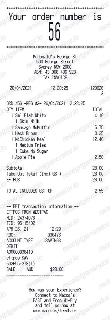 McDonald's Australia receipt