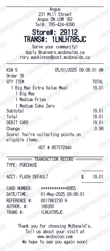 McDonald's Canada receipt