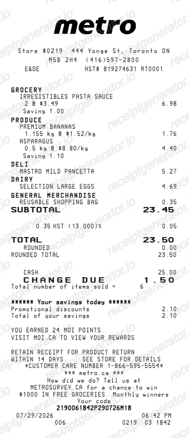 Metro Canada receipt