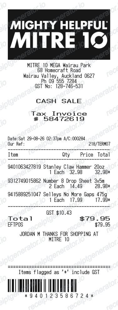 Mitre 10 Receipt Nz - Preview of the template design