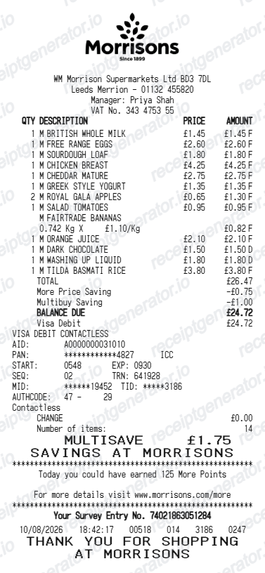 Morrisons Receipt - Preview of the template design