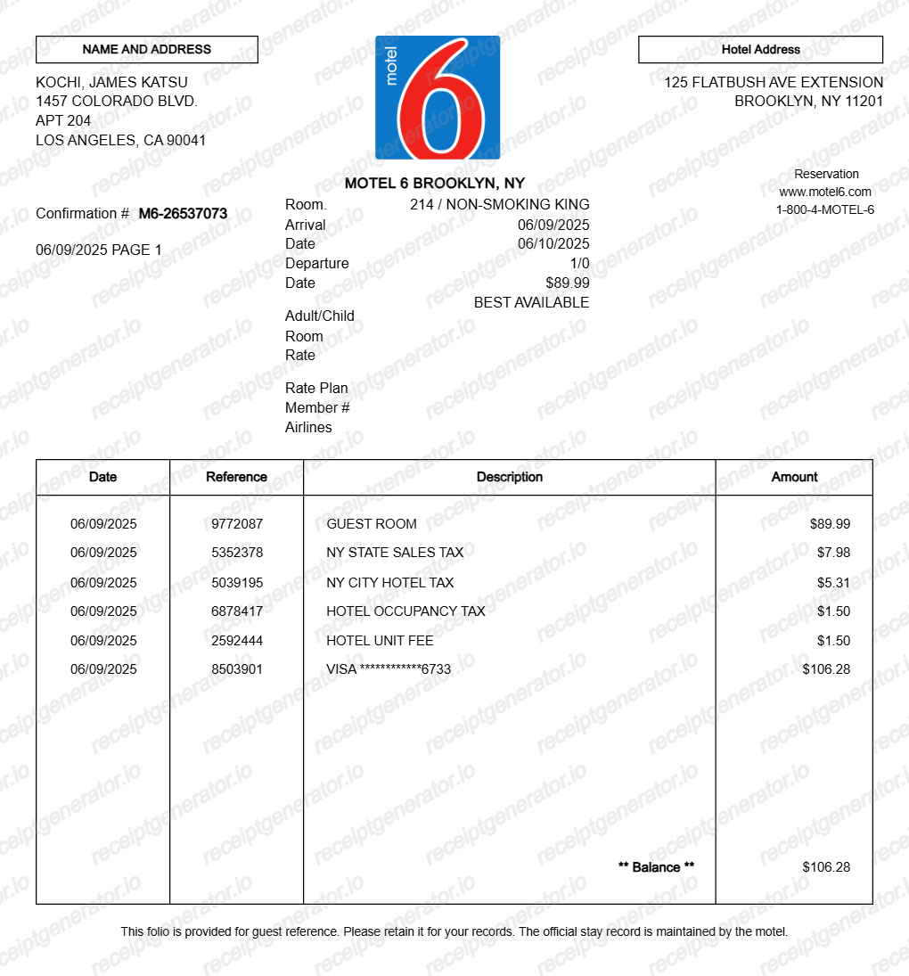 Motel 6 Receipt
